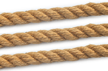 Fototapeta premium Natural twisted rope lines isolated on white backdrop. Seamless horizontal pattern, texture of fiber
