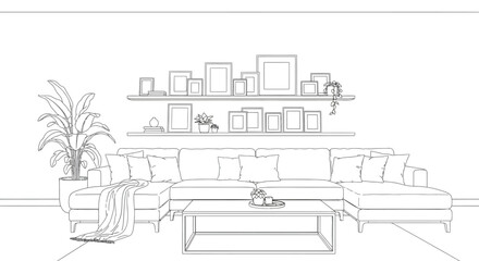 Obraz premium A minimalist living room interior features a sectional sofa shelving and framed artwork in line art