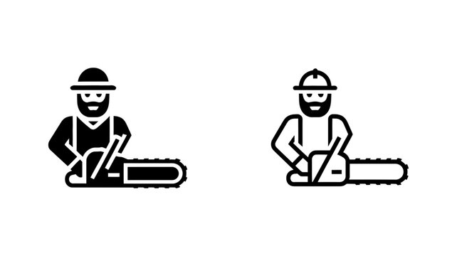 Lumberjack with chainsaw icon set in solid black and outline style for forestry and logging industry