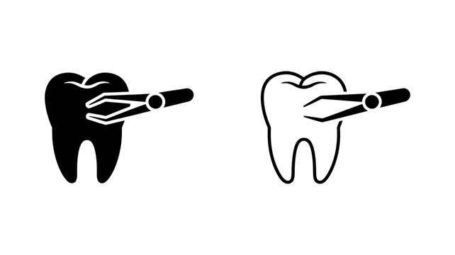 Dental tooth extraction icon set featuring dental tweezers and tooth in solid and outline vector graphics