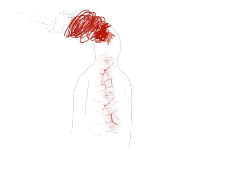 Dessin d'un homme souffrant de d&eacute;pression et d'anxi&eacute;t&eacute;. Maladie mentale. 