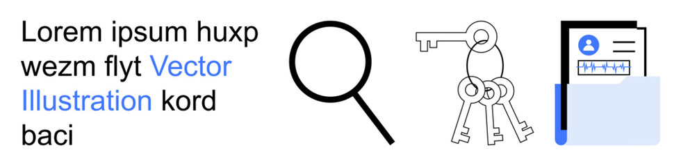 Data access, security systems, identity verification, digital search, password management, information organization. Magnifying glass, keys and a folder containing user data. Data access © robu_s