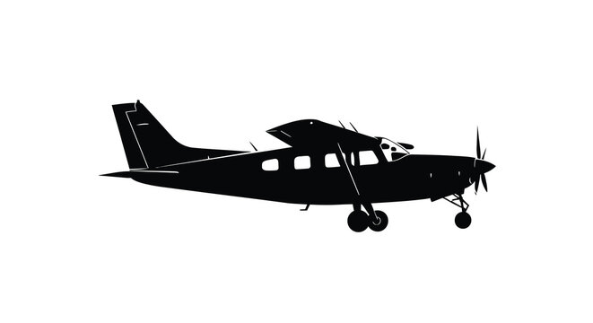 A black silhouette of a small single engine airplane in flight