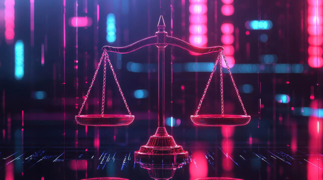 Futuristic balance scale glowing with neon light symbolizing justice, equality and legal system