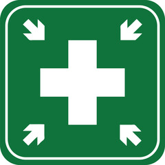 Obraz premium Green first aid sign with white cross and four inward arrows safety symbol for emergency medical assistance isolated on white background