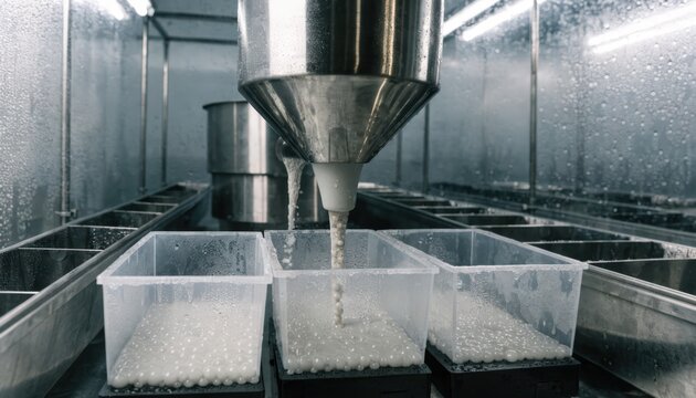 Production line pouring liquid selfhealing geopolymer binder into molds to test microcapsule dispersion and sealing efficiency in controlled environment.