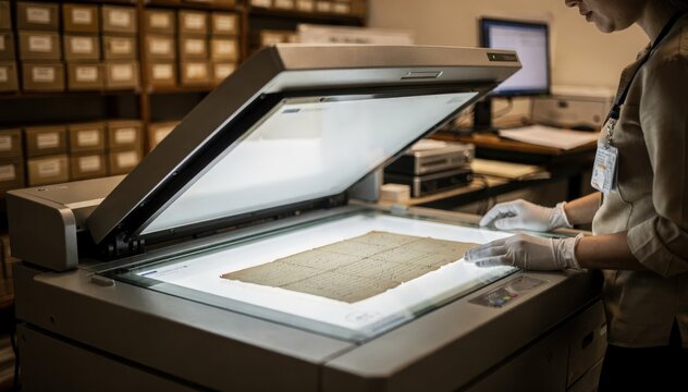 Focused medium shot of a professional scanner operated by a technician digitizing historical documents in a small archival room with equipment clear and surroundings out of focus.
