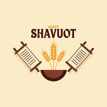 Happy shavuot illustration featuring torah scrolls and wheat stalks in a pot