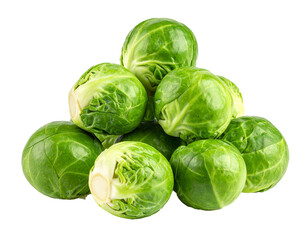 Fototapeta premium Fresh brussels sprouts isolated on white background, raw green cabbage buds cutout for healthy cooking, vegan food and autumn harvest compositing