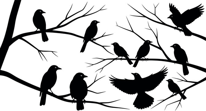 Silhouettes of birds perched and flying among bare tree branches Vector