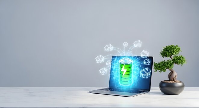 Laptop displaying large glowing green battery connecting to floating houses symbolizing centralized management of smart smart grid