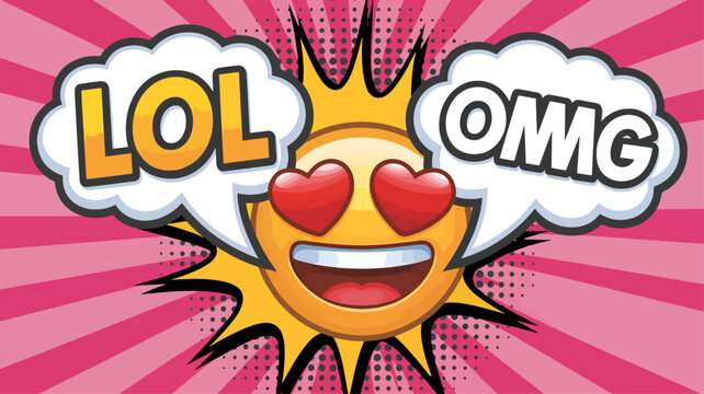 Smiling emoticon face with heart eyes, speech bubbles, pink sunburst background, comic book style, emoticon, emoji, digital illustration