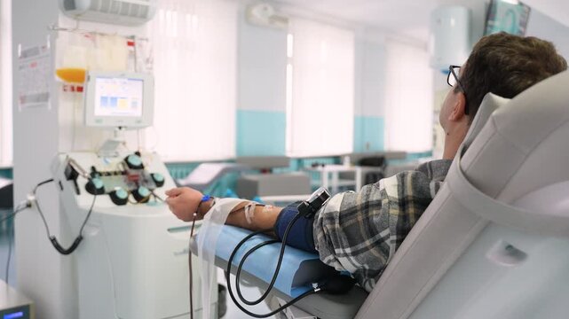 Male patient donating blood plasma in hospital donation center