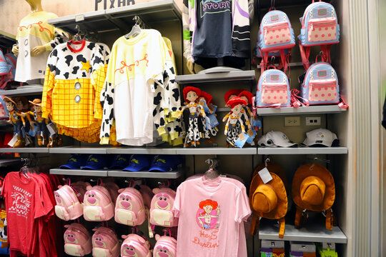 Toy Story merchandise store with clothing, backpacks, and plush toys on display