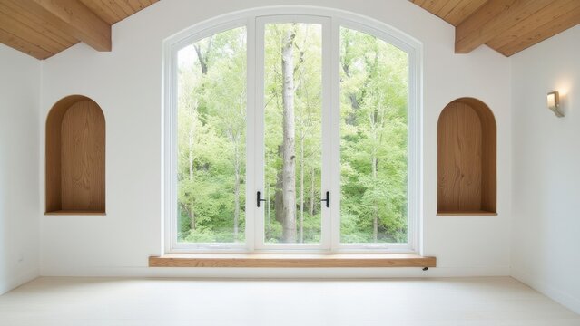 The interior of a modern architectural space with large windows framing an outdoor forest. The design features arched window frames, stone walls, and wooden elements for a warm, bright atmosphere.