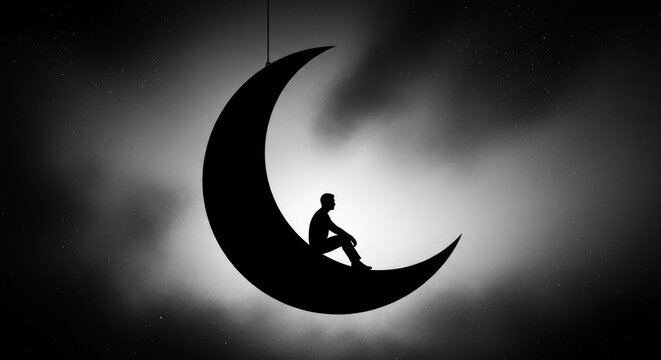 Black and white silhouette of a person sitting on a crescent moon in a dreamy night sky