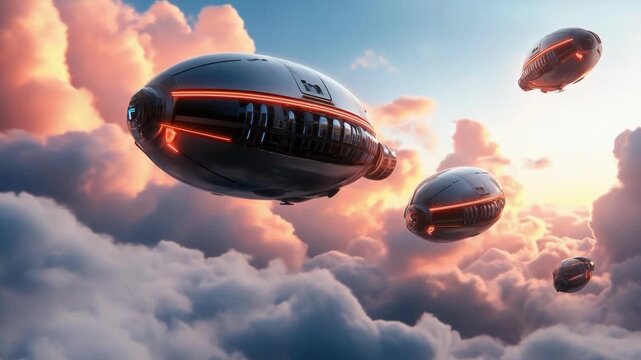 Futuristic airships soaring through vibrant cloudscape at sunset