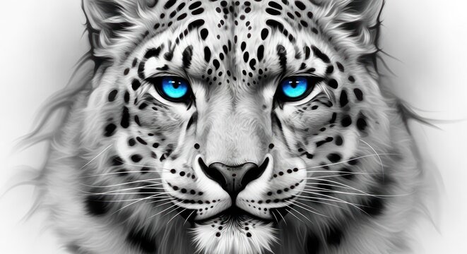 Close-up artistic rendition of a snow leopard with striking blue eyes, black spots, & white fur