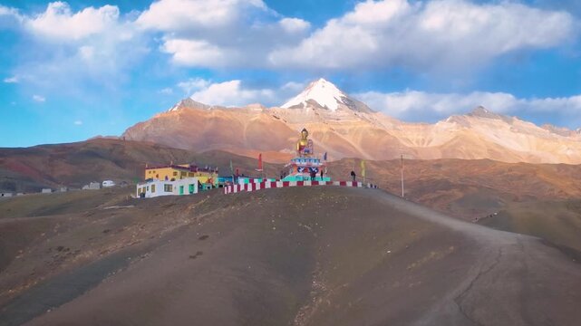 Cinematic Drone shot of a sacred Tibetan Buddhist monument overlooking the Spiti Valley.
