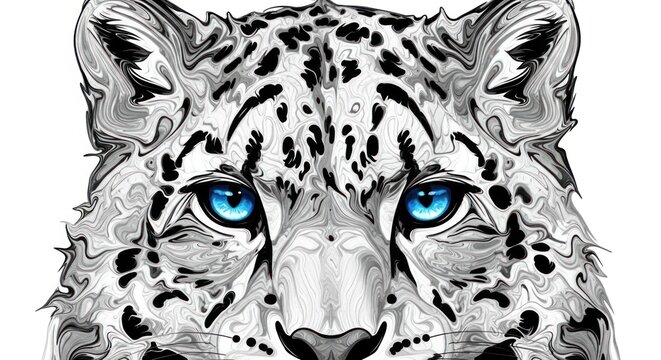 Close-up digital illustration of a snow leopard's face with bright blue eyes, white and grey fur