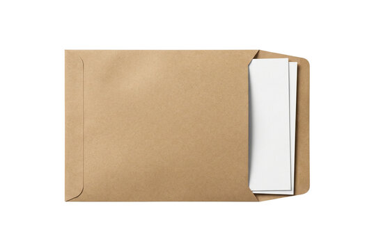 Brown kraft paper envelope with blank white paper sheets inside. Isolated on transparent background, png