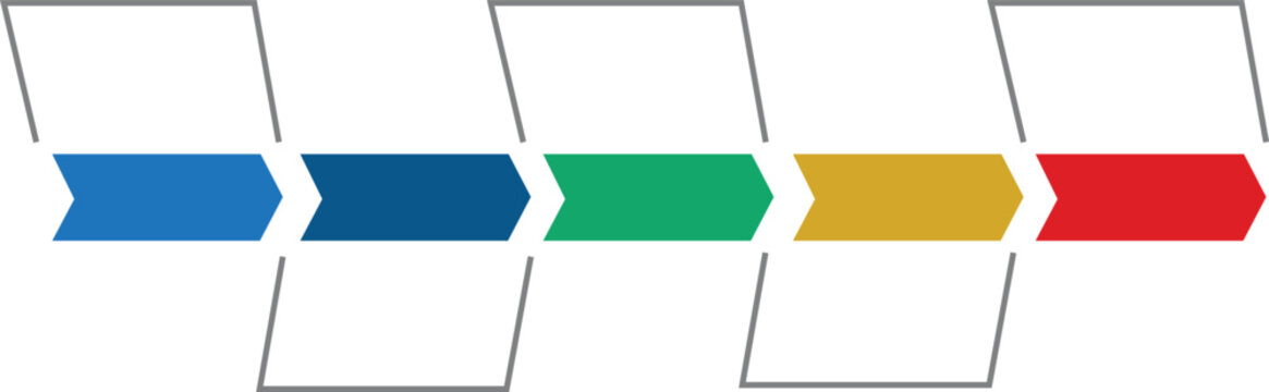 five step horizontal parallelogram arrow banner process flow infographic in blue green yellow red flat design
