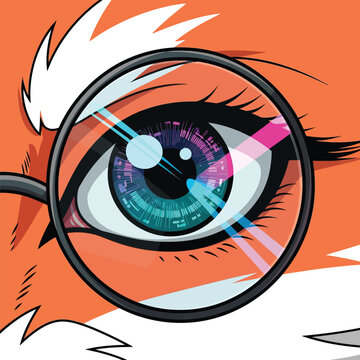Futuristic Cybernetic Fox Eye with Magnifying Glass and Digital HUD Interface - Investigation and Technology Concept Art