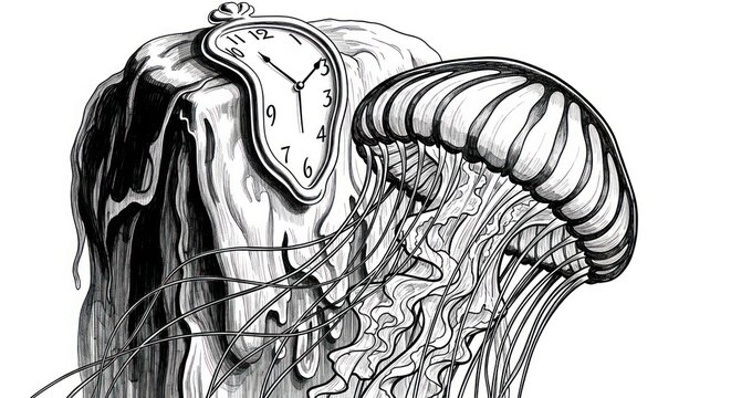 Surreal grayscale artwork, clocks melting into a jellyfish. Dreamlike, whimsical, time concept