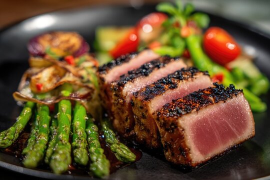 Grilled tuna steak with vegetables served on black plate. Freshly cooked delicious and healthy food for restaurant fish meal menu
