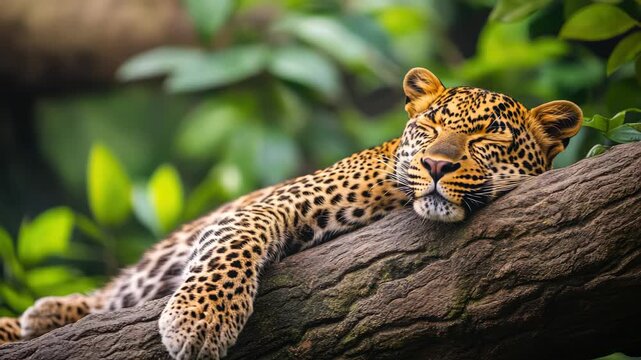 A young leopard sleepily rests its head on a branch in the wild. It appears to be lounging, enjoying the calmness of nature.