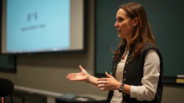 Confident businesswoman speaks in front of classroom, delivering presentation. Focus on communication, teaching, sharing knowledge, professional development, education or business contexts.