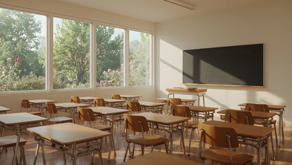 Fototapeta premium Wooden desks and a blackboard in a bright classroom. Empty school. 