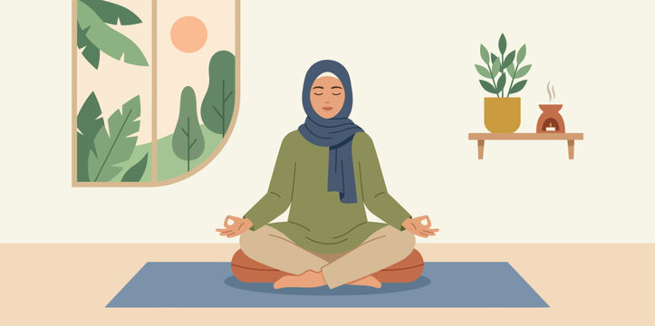 Muslim Woman in Hijab Meditating in Lotus Pose, Minimalist 2D Flat Vector Illustration for Yoga and Mindfulness