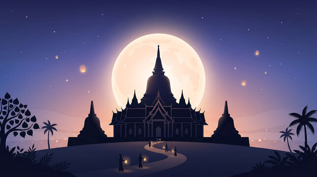 Mystical temple under the bright moonlight is suitable for spiritual and fantasy concepts. Perfect for backgrounds and designs.