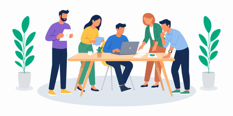 Fototapeta premium Five coworkers discussing work processes in a friendly office setting. Team collaboration, communication and brainstorming during daily workflow. Flat vector illustration