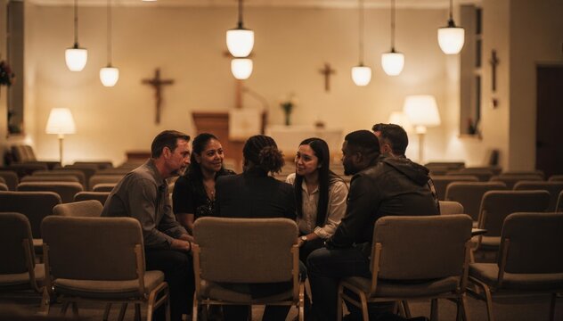 Cozy church hall with rows of chairs and soft lighting focused on a small circle of people sharing support blurred background emphasizing intimacy and privacy.