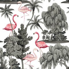 Naklejka premium Park vintage botanical landscape, island, willow, palm trees, flamingo seamless pattern. Nature wallpaper. 