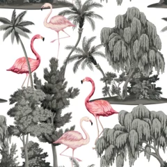 Park vintage botanical landscape, island, willow, palm trees, flamingo seamless pattern. Nature wallpaper.  © good_mood