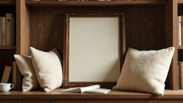 This image depicts a modern reading area with a blank sign leaning against a wooden bookshelf, beige pillows for comfort, and an empty frame reflecting its simplicity.