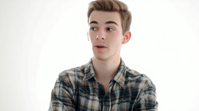 Man with short beard wearing plaid shirt looking serious. Studio portrait on white background.