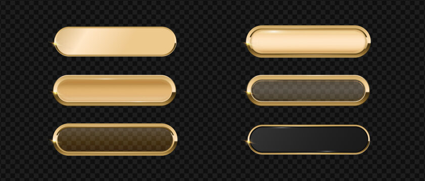 Gold button frame and glass 3d badge, Rectangular with rounded corners golden button icon on dark background, Premium signboard for web UI design.