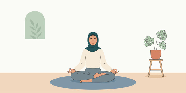 Muslim Woman in Hijab Meditating in Lotus Pose, Minimalist 2D Flat Vector Illustration for Yoga and Mindfulness