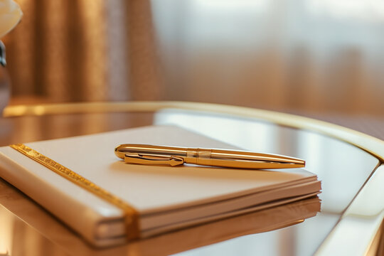 Close up of a luxury gold pen lying on a white notebook on a glass table. Business lifestyle, elegant stationery, office decor.