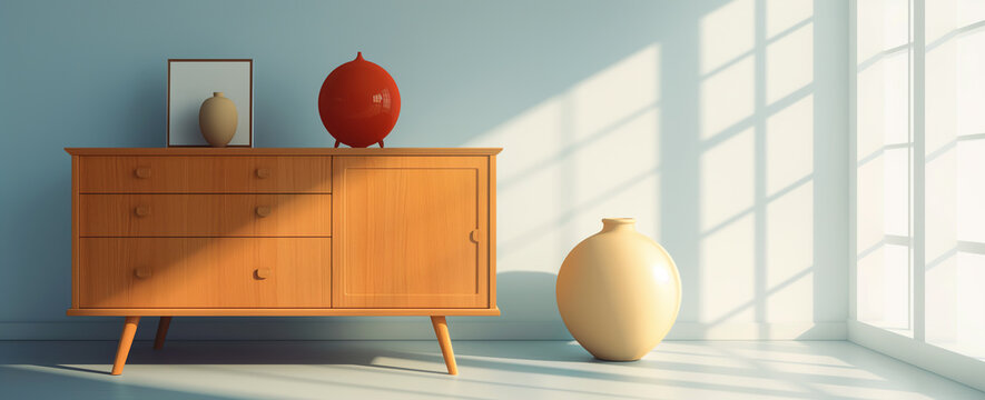 A wooden sideboard and decorative round vases in a bright room with window shadows. Minimalist interior, home decor, modern furniture.