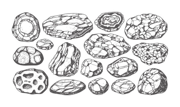 Collection of hand drawn rough textured stones and pebbles rock