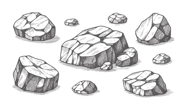 Collection of hand drawn rough gray stones and pebbles white rock