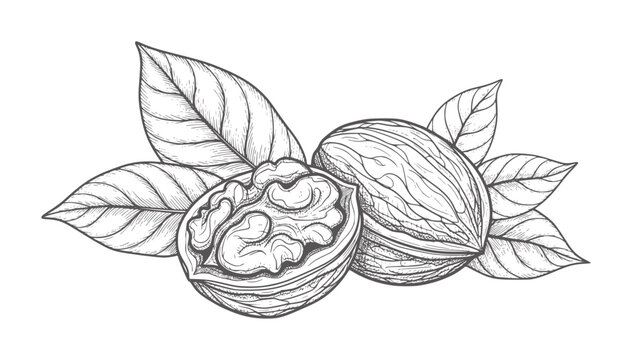 Line of two walnuts one cracked open surrounded by leaves food leaf