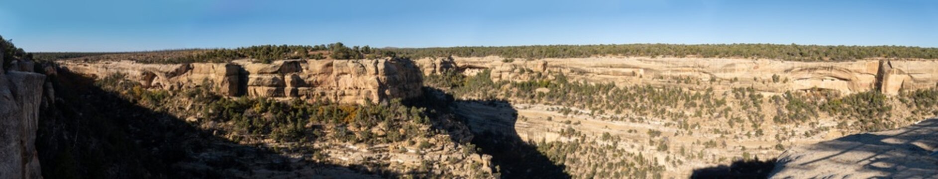 Sunset Point view at Mesa Verde National Park in Colorado. Panoramic view of Cliff Palace, Oak Tree House, Fire Temple, New Fire House, Sun Temple, Mummy House, Sunset House. 