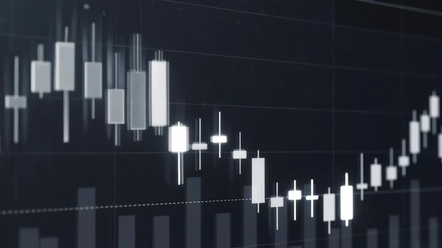 White candlestick bars on a dark grid background in a modern digital style, showing a financial trend concept