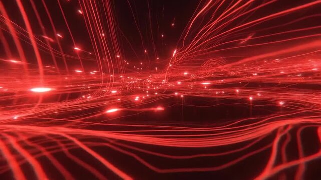 Glowing red light streaks forming dynamic lines in abstract digital style on dark background, concept of energy flow motion